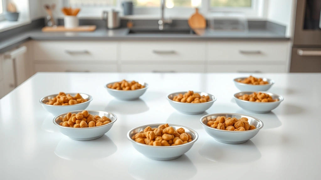 recovery feeding schedule -
Photorealistic image of multiple small meal portions of bland pet food arranged