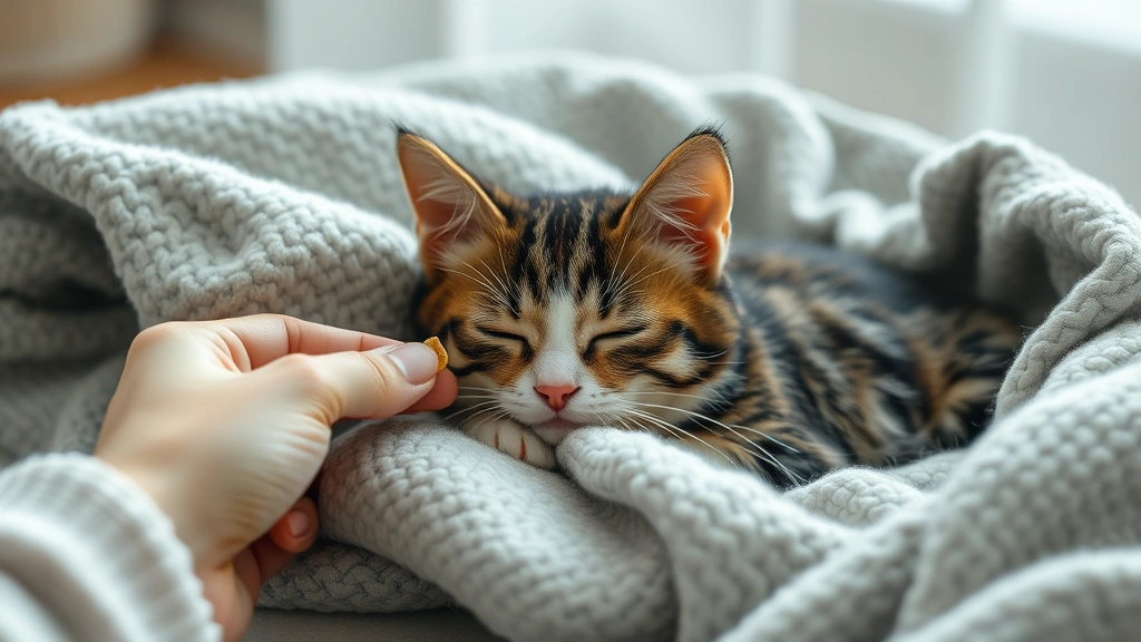 recovery supplements -
Photorealistic image of a small cat resting peacefully on a cozy blanket while 
