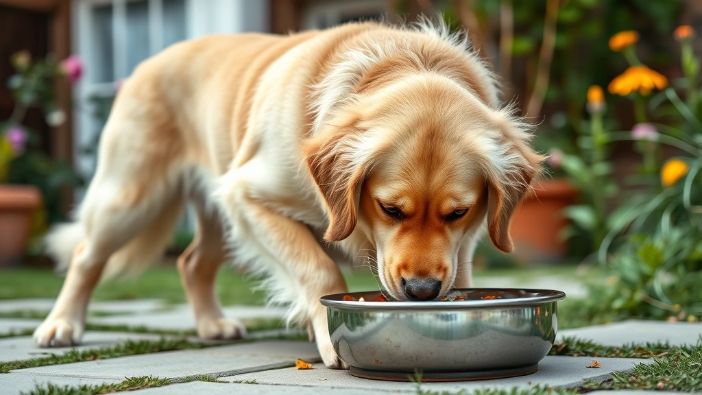 red barn dog food -
energetic golden retriever eating from a bowl outdoors in a backyard garden set