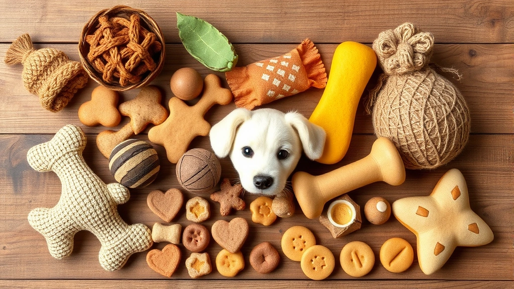 red dog mine -
Photorealistic image of various safe dog toys and treats made from natural mate