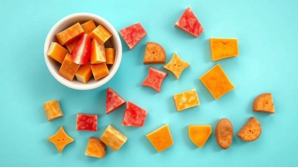 red hot dogs -
Photorealistic overhead shot of a dog food bowl filled with safe treats includi