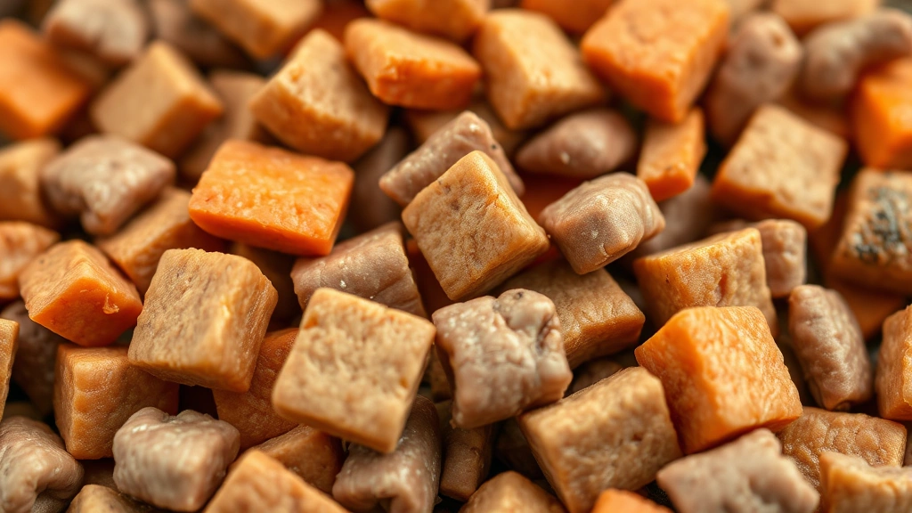 redford naturals dog food -
Photorealistic close-up of premium dog kibble pieces with visible meat chunks a