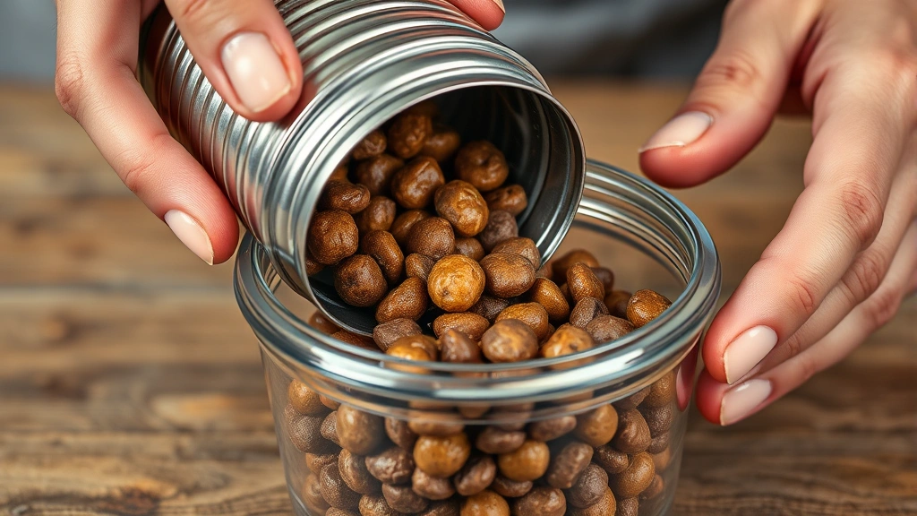refrigerated pet food storage time -
Photorealistic close-up of hands transferring wet pet food from an opened metal