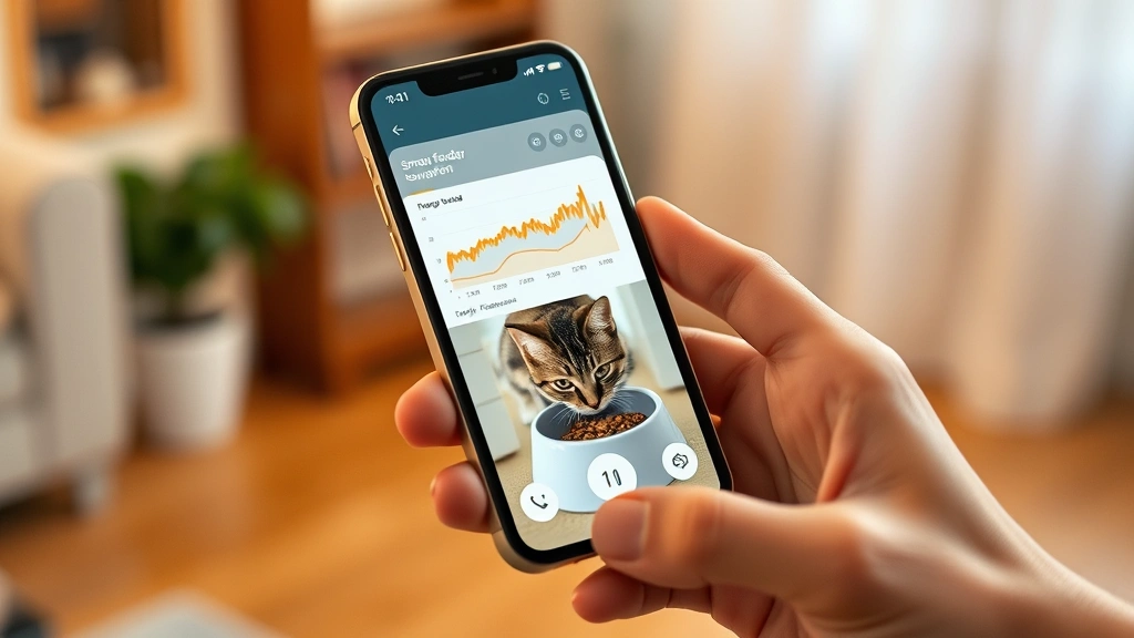 remote feeding monitoring -
photorealistic style: smartphone displaying a pet feeding app interface with gr