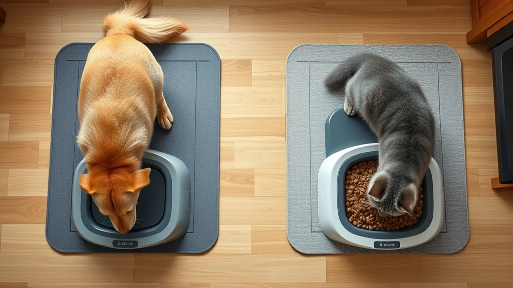 remote feeding monitoring -
photorealistic style: overhead view of a multi-pet household scene with two pet