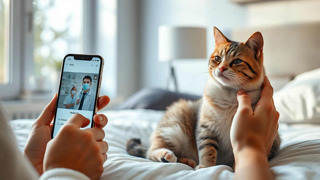 remote vet consultation -
Photorealistic image of a cat sitting peacefully on a bed while owner holds a s