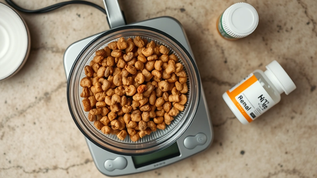 renal diet feeding routine -
Photorealistic overhead view of a pet food scale measuring precisely portioned