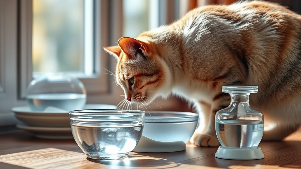 renal diet feeding routine -
Photorealistic image of a senior cat drinking fresh water from a ceramic bowl w