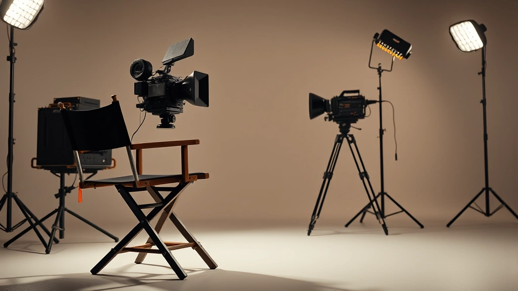 reservoir dogs 1992 -
Photorealistic image of a film director’s chair and vintage 16mm camera e