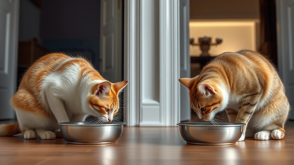 resource guarding feeding management -
Photorealistic image of two cats eating from separate bowls in different rooms 