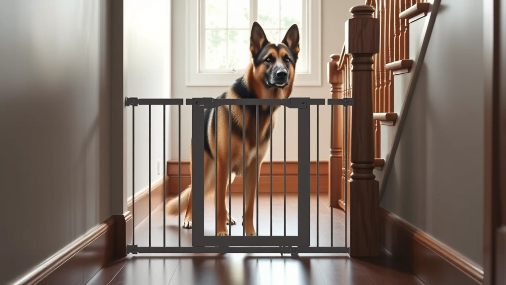 retractable dog gate -
Photorealistic shot of a retractable dog gate installed at the bottom of a stai