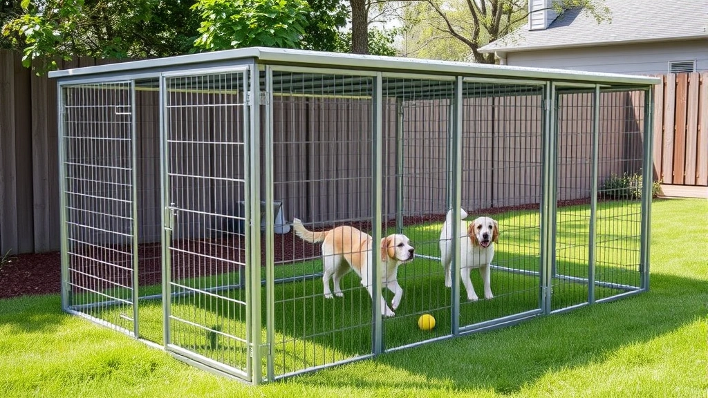 retriever dog kennel -
Photorealistic image of an outdoor dog run enclosure with metal framework and a
