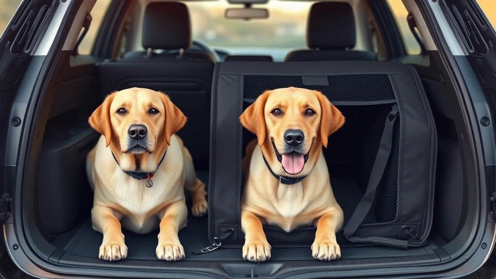 retriever dog kennel -
Photorealistic image of a Labrador retriever next to a portable soft-sided coll