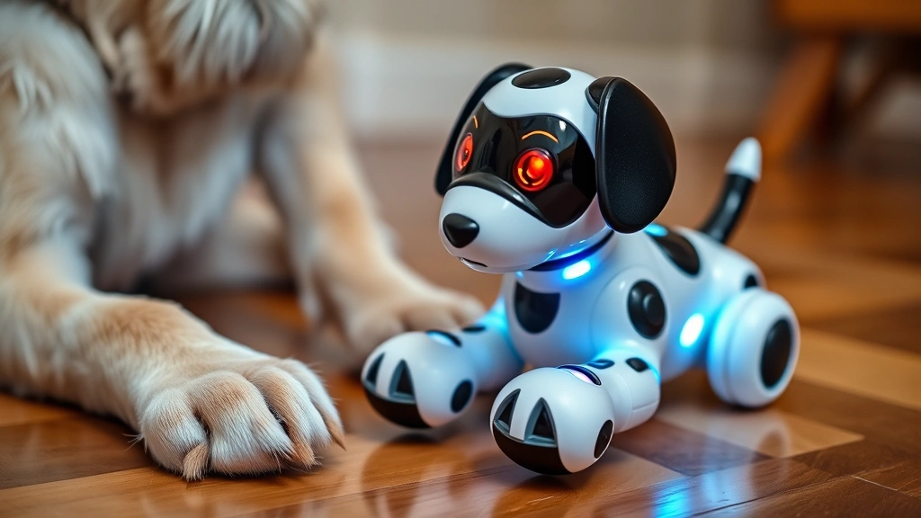 robot dog toy -
Close-up of a robotic dog toy with LED lights and sensors, sitting on hardwood 