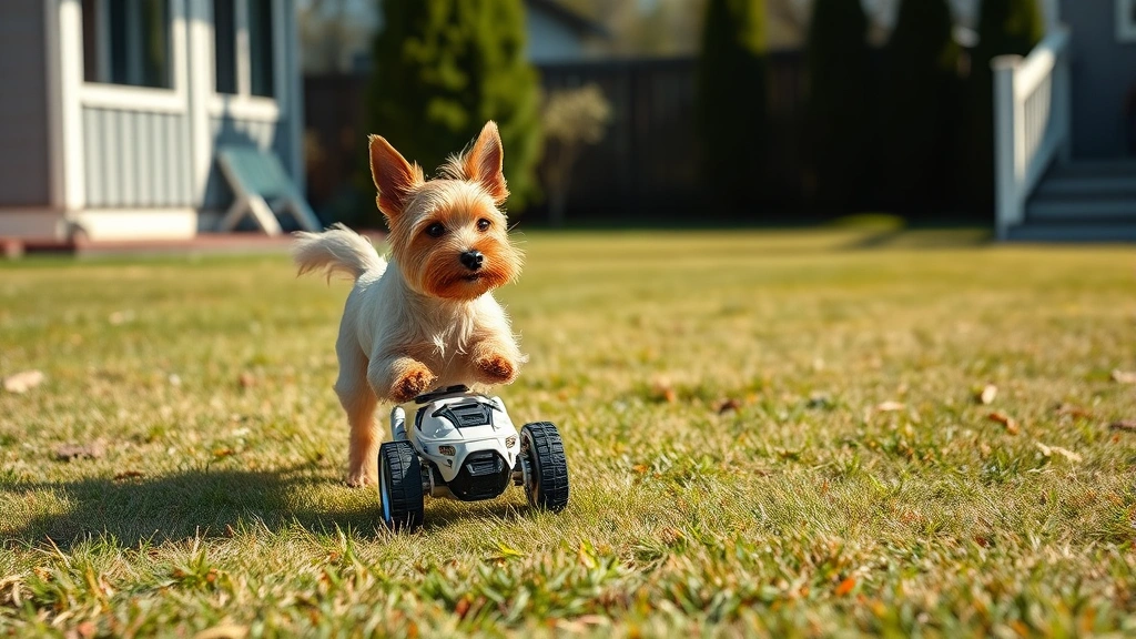 robot dog toy -
A small terrier chasing a fast-moving robot dog toy across a grassy backyard on