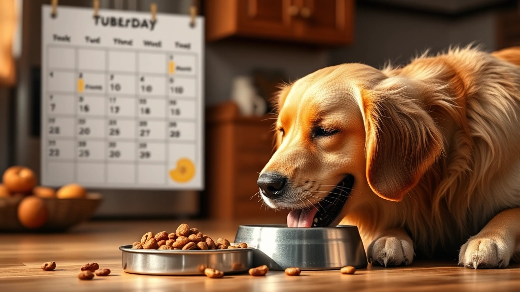 rotating protein feeding schedule -
Photorealistic image of a happy golden retriever eating from a food bowl with a