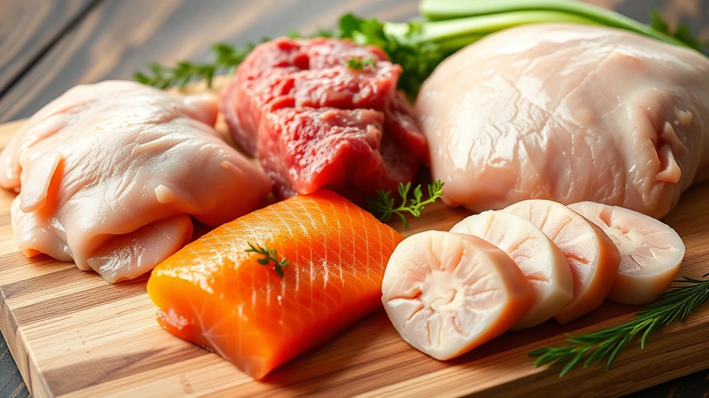 rotating protein feeding schedule -
Photorealistic close-up of healthy pet food ingredients including raw chicken b