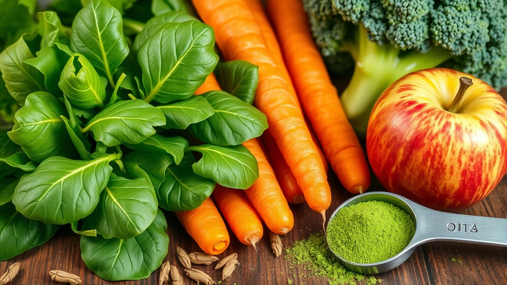 ruff greens for dogs -
Photorealistic close-up of fresh vegetables including spinach, carrots, broccol