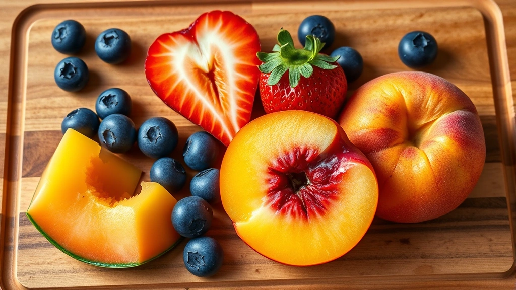 safe fruits for cats -
Photorealistic image of various colorful safe fruits for cats arranged on a woo