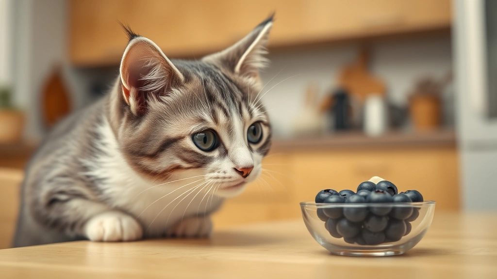 safe fruits for cats -
Photorealistic image of a curious gray and white cat looking at a small bowl co