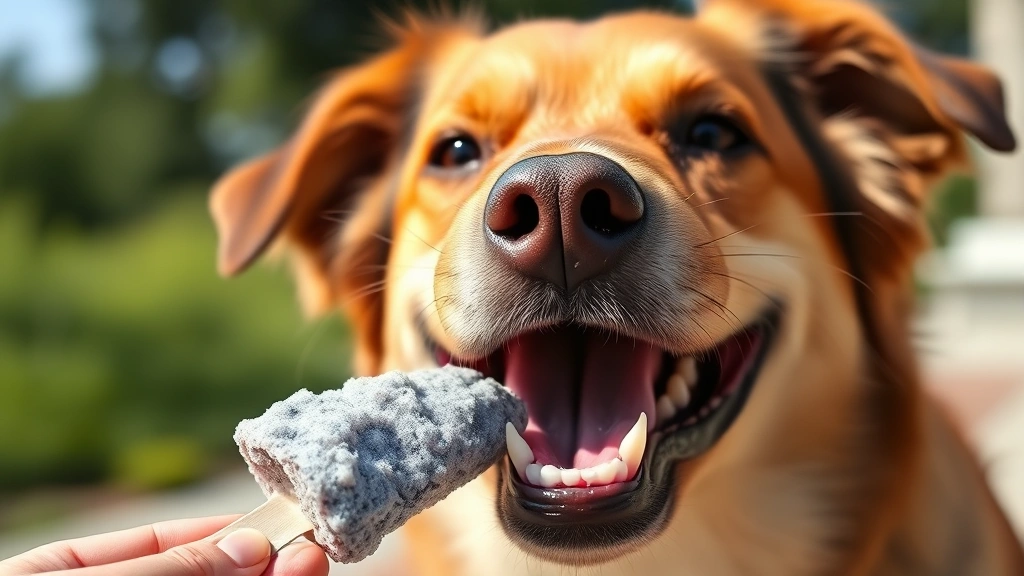safe fruits for dogs -
Photorealistic close-up of a happy dog eating a frozen blueberry treat, mouth s