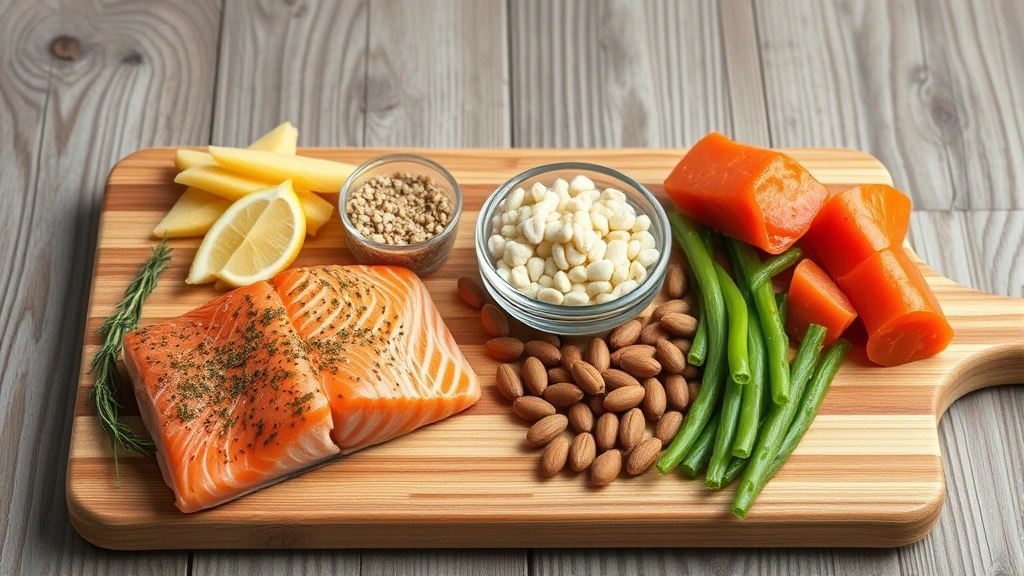 safe human foods for cats -
Photorealistic image of various safe cat foods arranged on a wooden cutting boa