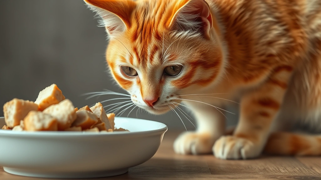 safe human foods for cats -
Photorealistic photo of a curious orange cat sniffing toward a bowl of plain co