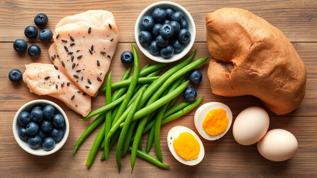 safe human foods for dogs -
Overhead flat lay arrangement of dog-safe human foods including chicken breast,