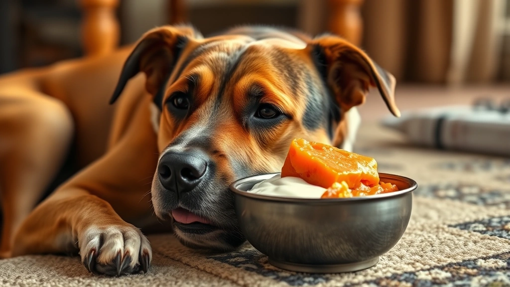safe human foods for dogs -
A medium-sized dog lying down with a bowl containing cooked salmon, plain yogur