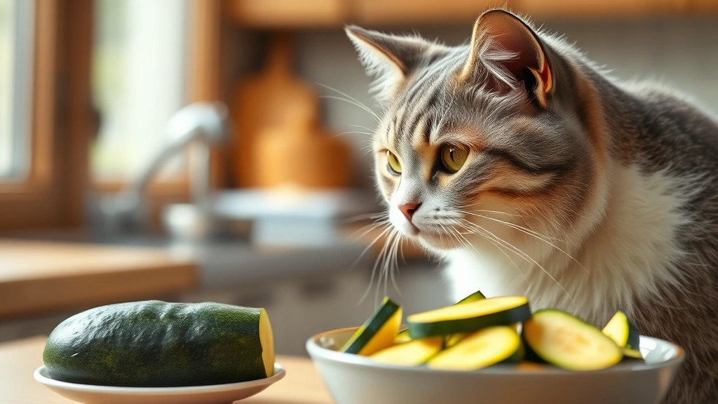 safe vegetables for cats -
Photorealistic image of a gray and white cat looking at a bowl of cooked plain 