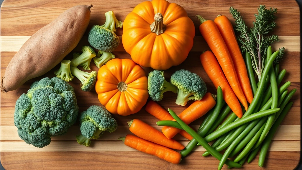 safe vegetables for dogs -
An overhead flat lay of safe dog vegetables arranged on a wooden cutting board 