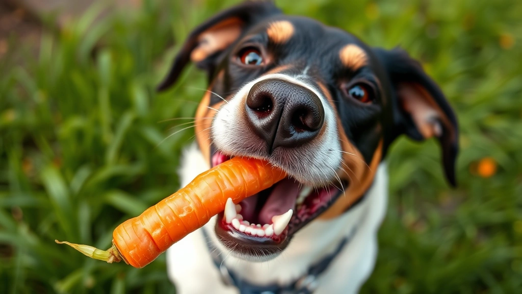 safe vegetables for dogs -
A close-up of a dog’s face happily crunching on a raw carrot in a garden 