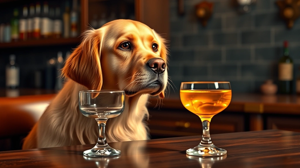 salty dog cocktail -
Photorealistic image of a golden retriever looking curiously at a cocktail glas