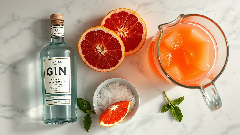 salty dog cocktail -
Photorealistic overhead shot of cocktail ingredients laid out: gin bottle, fres