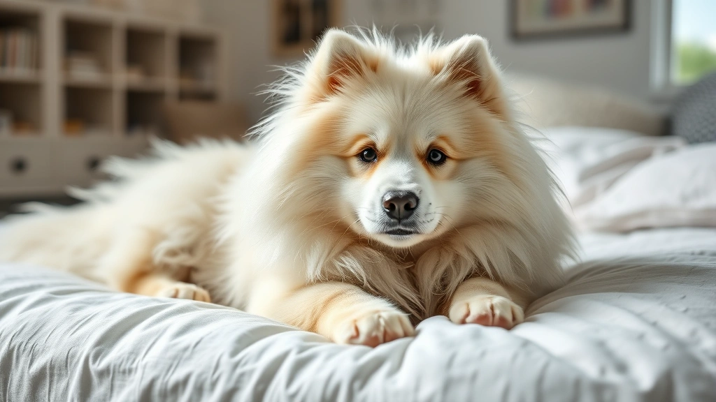 samoyed dog price -
Photorealistic image of a fluffy adult Samoyed dog lying on a white bed indoors