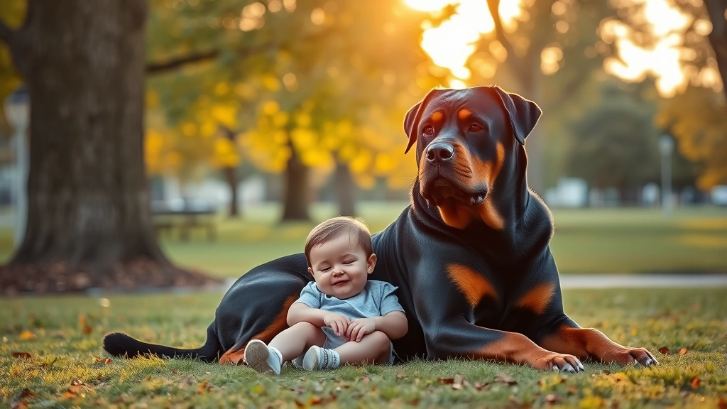 scary dogs -
A large Rottweiler sitting calmly in a park with a toddler resting against its