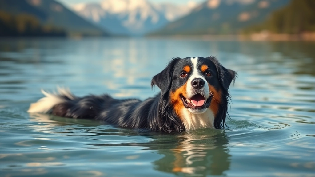scary dogs -
A fluffy Bernese Mountain Dog swimming in a clear lake with a serene expression