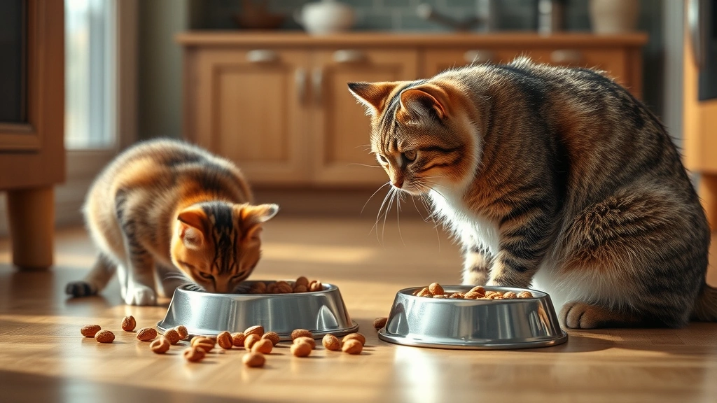 scheduled feeding vs grazing -
Photorealistic image of a cat with access to food bowl left out all day on kitc