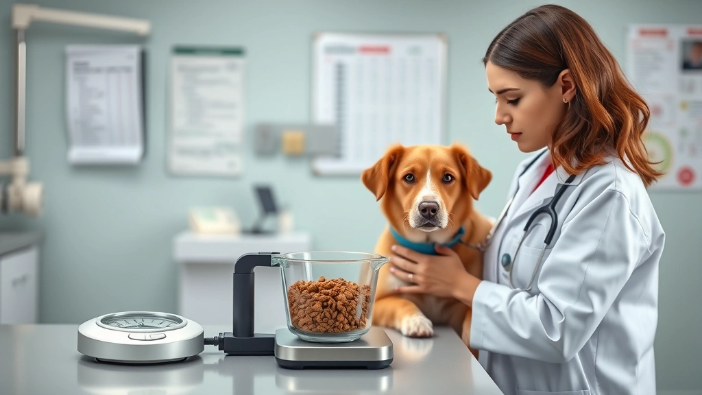 scheduled feeding vs grazing -
Photorealistic image of veterinarian measuring pet food portions with measuring
