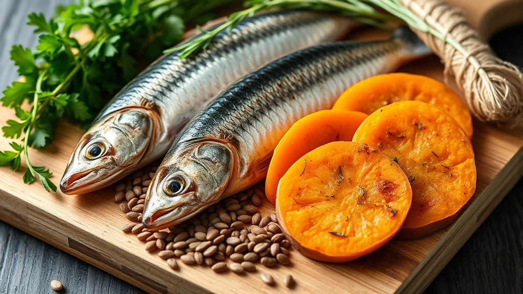 seasonal allergies feeding adjustments -
Photorealistic close-up of omega-3 rich foods including sardines, flaxseeds, an