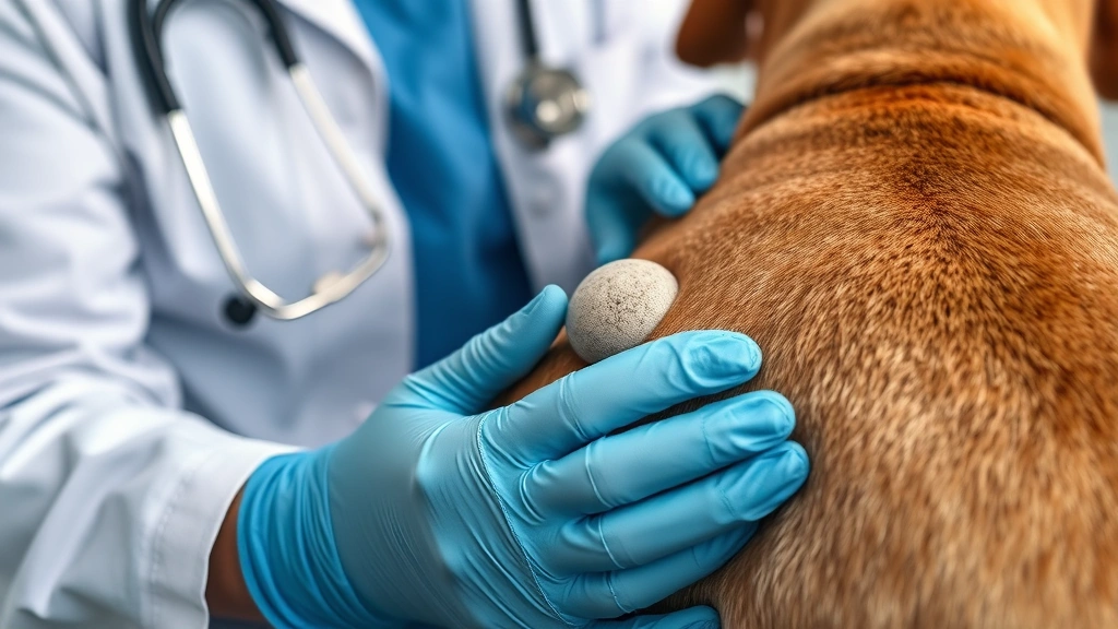 sebaceous cyst dog -
Photorealistic veterinary examination scene showing a vet gently examining a se
