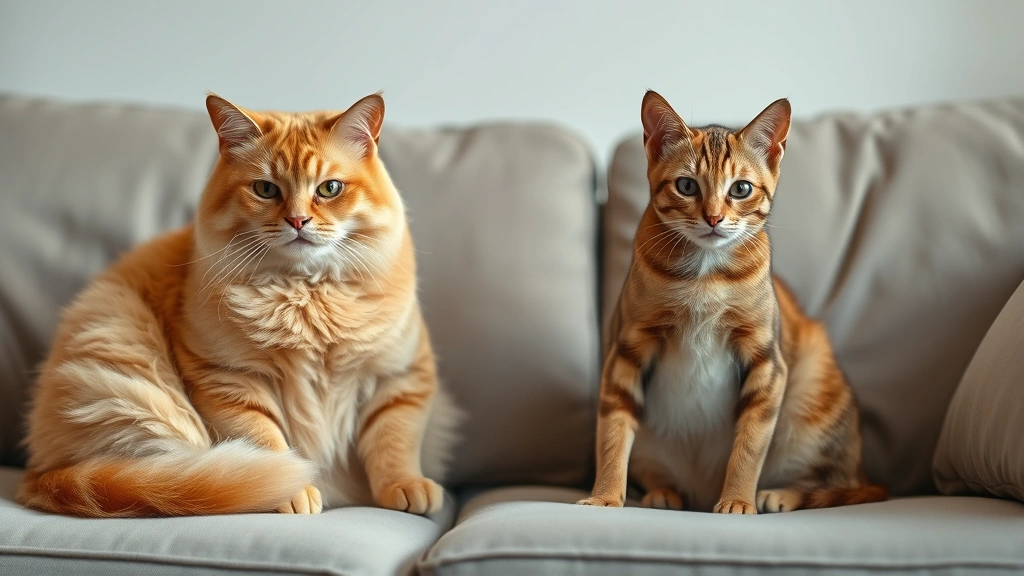 sedentary cat portions -
Photorealistic photo of an overweight orange cat sitting on a couch next to a t