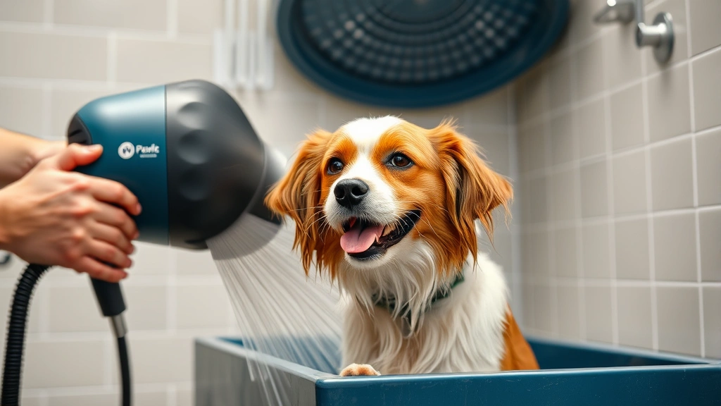 self wash dog wash near me -
A person using a high-velocity dog dryer on a wet brown and white dog in a self