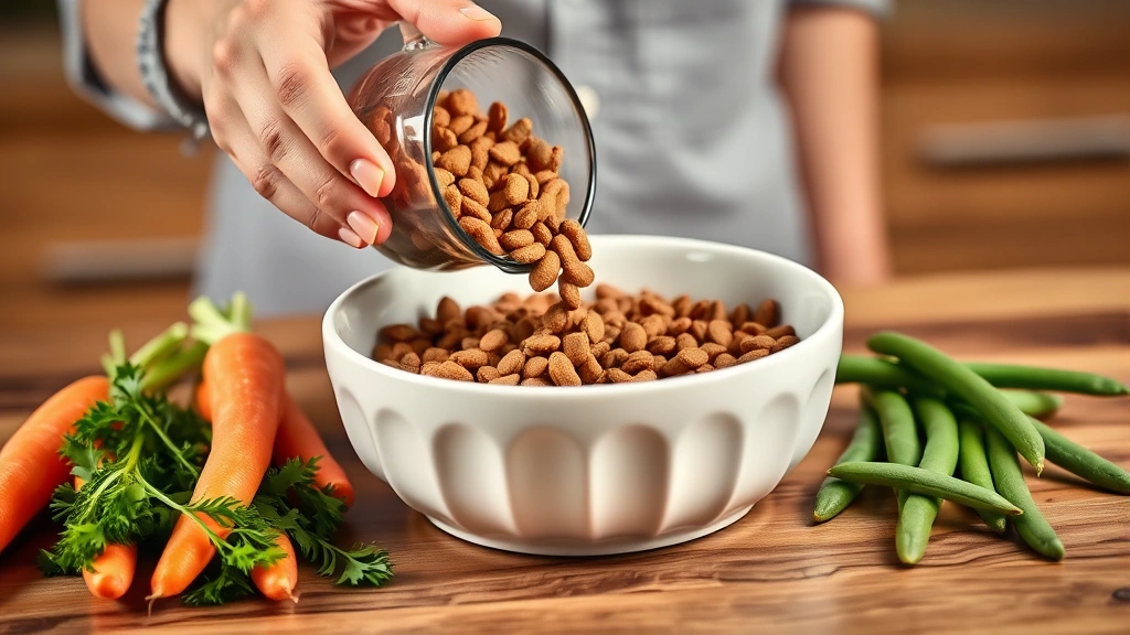 senior dog feeding routine -
Photorealistic image of hands pouring senior dog kibble into a measuring cup ab
