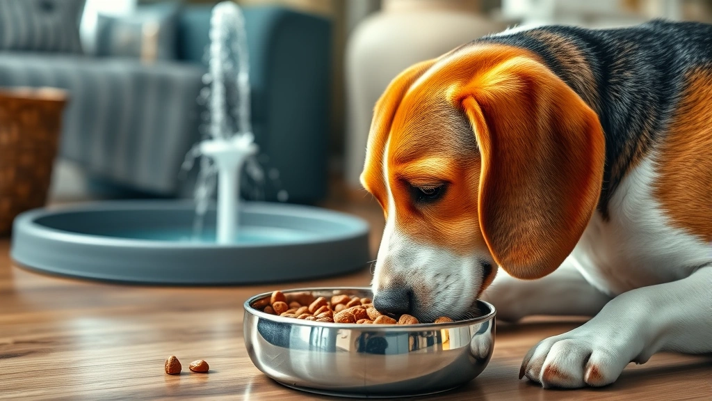 senior dog feeding routine -
Photorealistic image of an older beagle enjoying wet dog food from a bowl, with