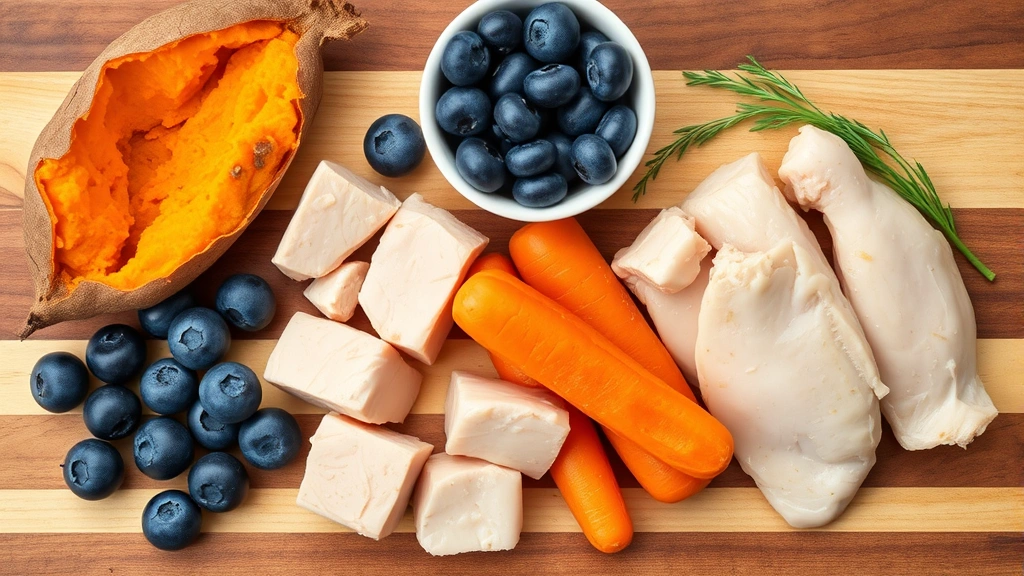 senior pet-friendly human foods -
Photorealistic flat lay composition of senior pet-friendly foods arranged on a