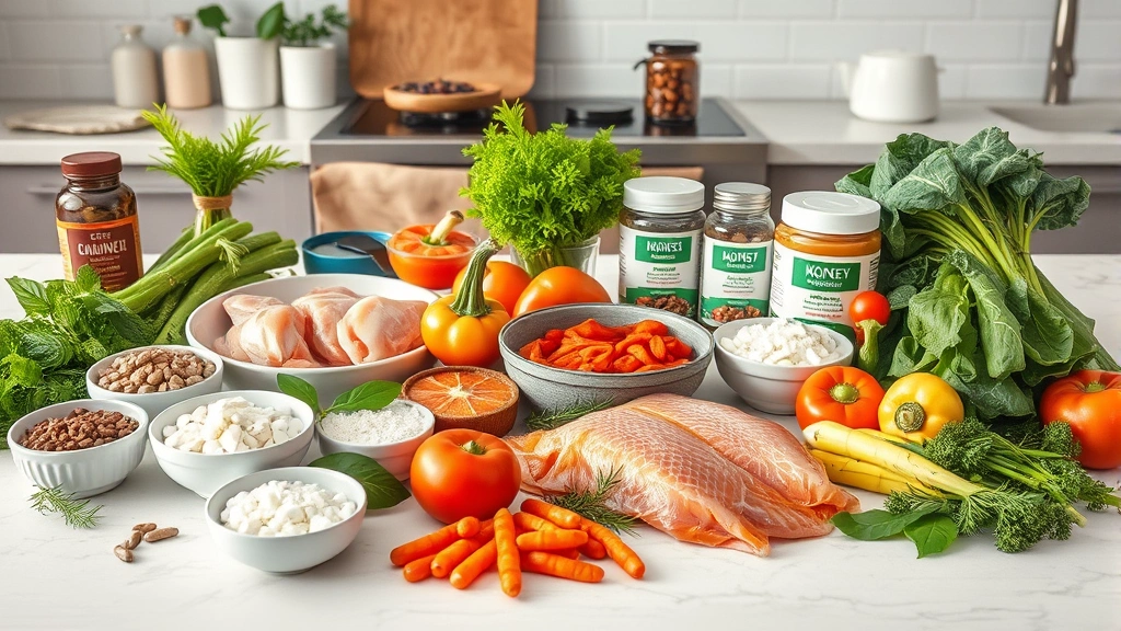 sensitive stomach feeding schedule -
Photorealistic image of various high-quality pet food ingredients laid out incl