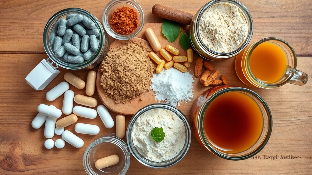 sensitive stomach supplements -
Photorealistic overhead shot of various supplement capsules, powders, and bone 