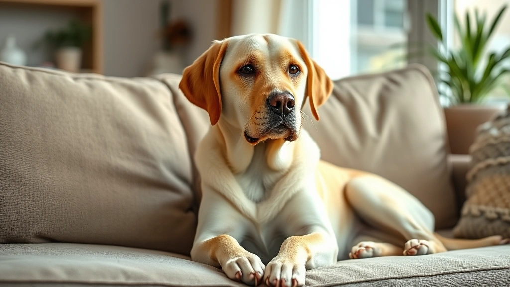 sex dog -
Photorealistic style: calm female labrador sitting peacefully indoors on a couc