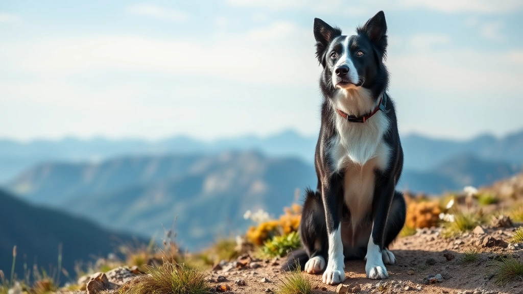shepherd mix dog breeds -
Photorealistic image of a Border Collie mix dog with black and white coat sitti